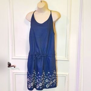 Westport Denim Sleeveless Dress with White Floral Embroidery,Petite X-Large